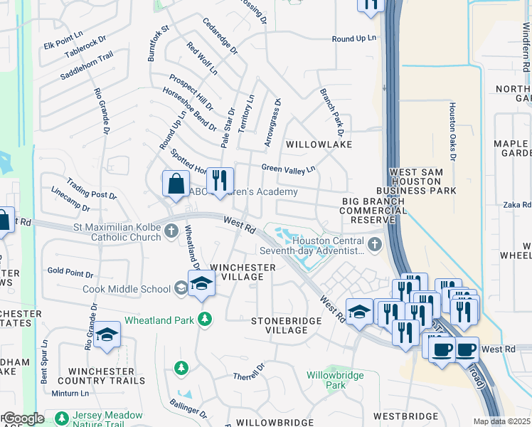 map of restaurants, bars, coffee shops, grocery stores, and more near 9514 Arrowgrass Drive in Houston