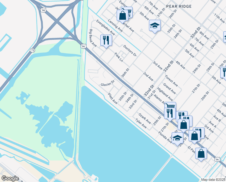 map of restaurants, bars, coffee shops, grocery stores, and more near 2701 Bridle Path Drive in Port Arthur