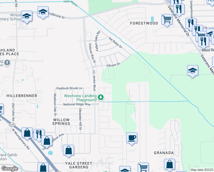 map of restaurants, bars, coffee shops, grocery stores, and more near 2610 Amber Thicket Court in Houston