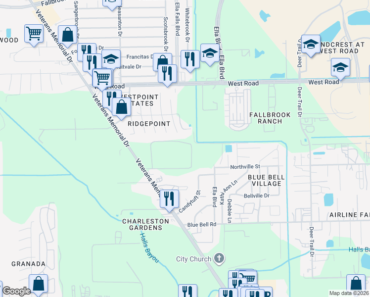 map of restaurants, bars, coffee shops, grocery stores, and more near 9900 Veterans Memorial Drive in Houston
