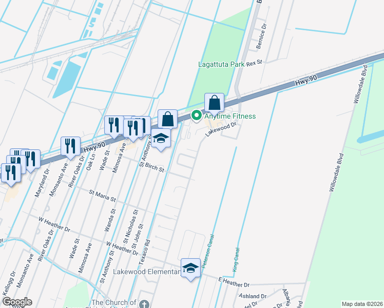 map of restaurants, bars, coffee shops, grocery stores, and more near 131A Lakewood Drive in Luling