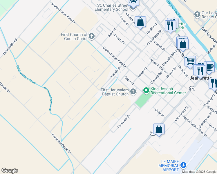 map of restaurants, bars, coffee shops, grocery stores, and more near 819 Morris Charles Street in Jeanerette