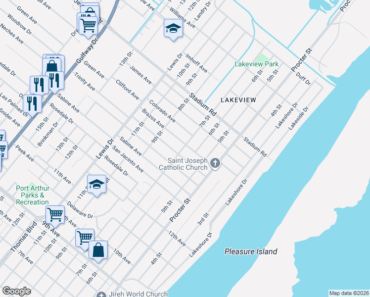 map of restaurants, bars, coffee shops, grocery stores, and more near 649 Brazos Avenue in Port Arthur