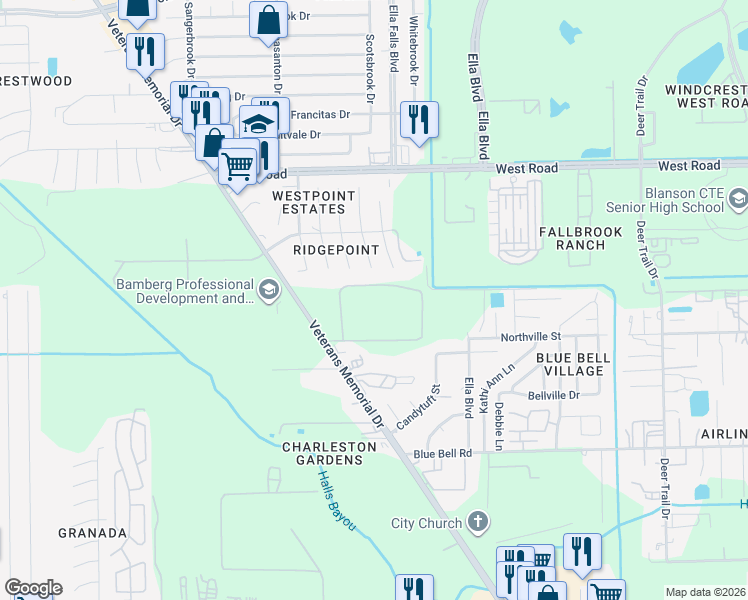 map of restaurants, bars, coffee shops, grocery stores, and more near 9900 Veterans Memorial Drive in Houston