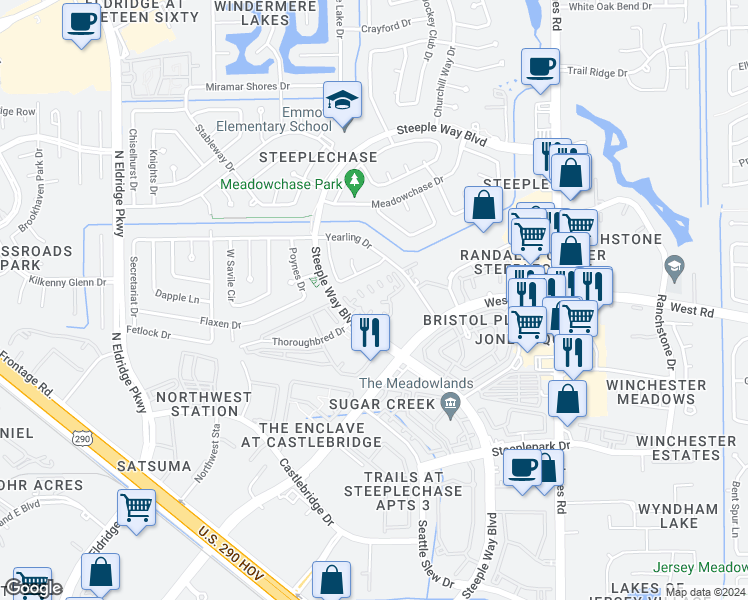 map of restaurants, bars, coffee shops, grocery stores, and more near 12101 Steeple Way Boulevard in Harris County