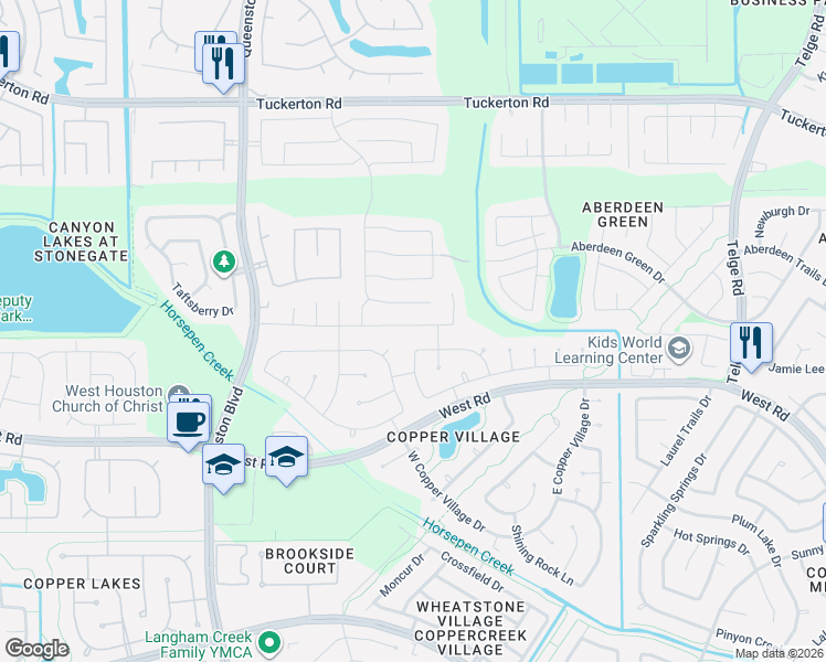 map of restaurants, bars, coffee shops, grocery stores, and more near 16611 Whitaker Creek Drive in Houston
