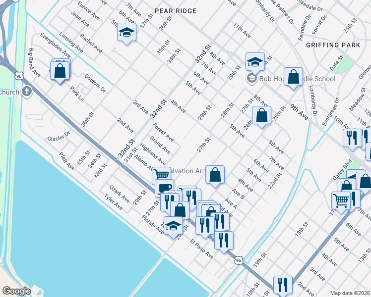 map of restaurants, bars, coffee shops, grocery stores, and more near 3001 Forest Avenue in Port Arthur