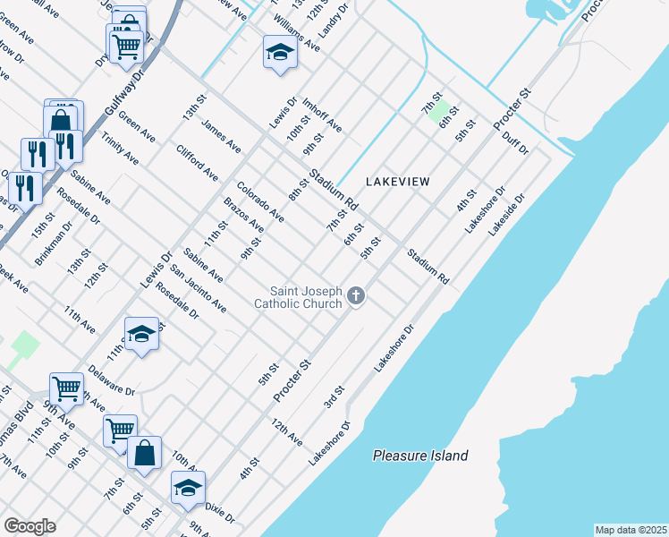 map of restaurants, bars, coffee shops, grocery stores, and more near 4630 6th Street in Port Arthur