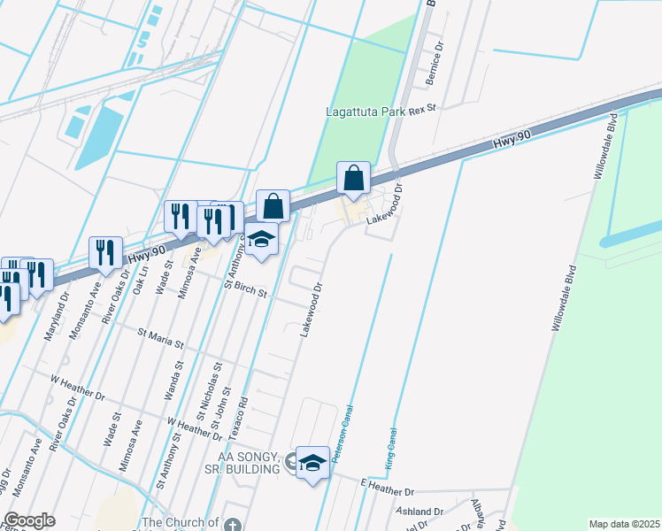 map of restaurants, bars, coffee shops, grocery stores, and more near 131A Lakewood Drive in Luling