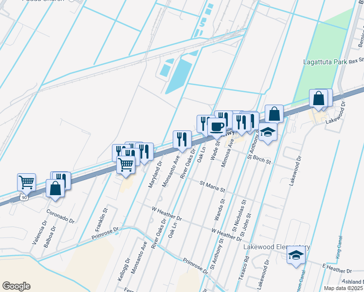 map of restaurants, bars, coffee shops, grocery stores, and more near U.S. 90 in Luling
