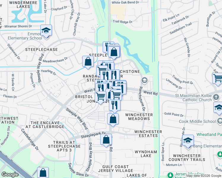 map of restaurants, bars, coffee shops, grocery stores, and more near 9460 Jones Road in Houston