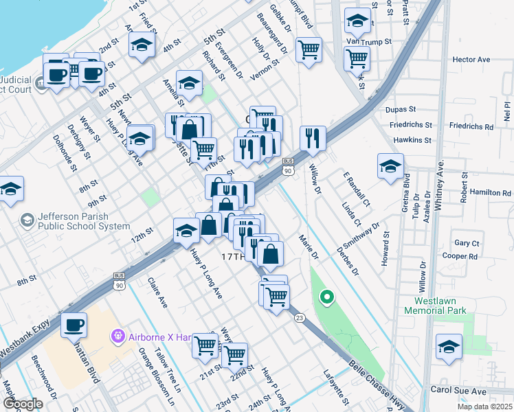 map of restaurants, bars, coffee shops, grocery stores, and more near 1402 Calder Street in Gretna