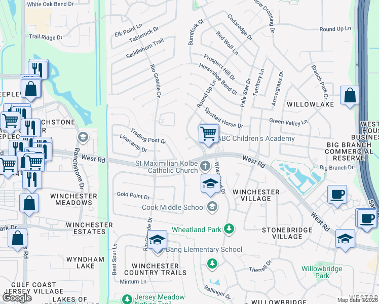 map of restaurants, bars, coffee shops, grocery stores, and more near 10139 Silver City Drive in Houston