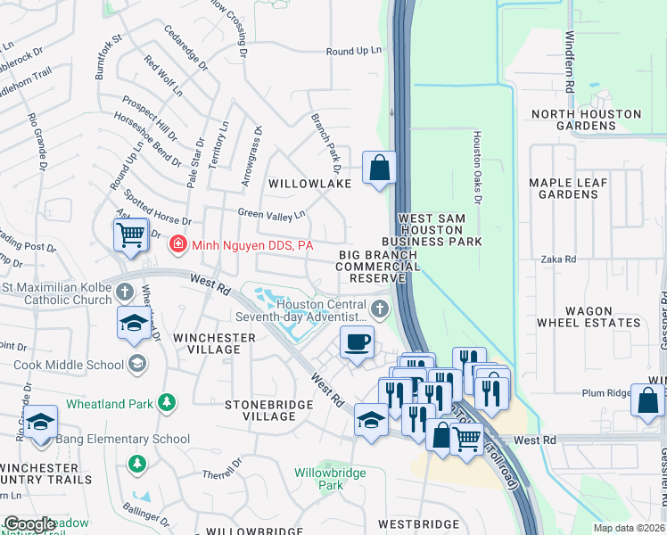 map of restaurants, bars, coffee shops, grocery stores, and more near 9531 Willowlake Park Drive in Houston