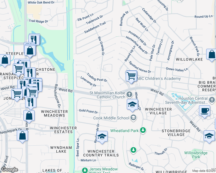 map of restaurants, bars, coffee shops, grocery stores, and more near 10223 Trading Post Drive in Houston