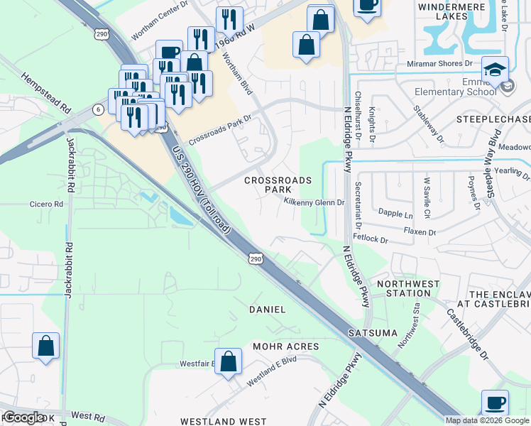 map of restaurants, bars, coffee shops, grocery stores, and more near 12510 Castlestone Drive in Houston