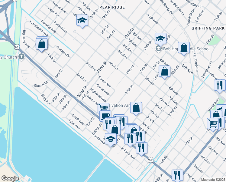map of restaurants, bars, coffee shops, grocery stores, and more near 3001 Forest Avenue in Port Arthur