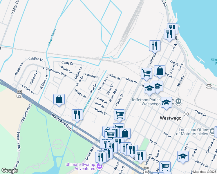 map of restaurants, bars, coffee shops, grocery stores, and more near 7825 Karla Street in Bridge City