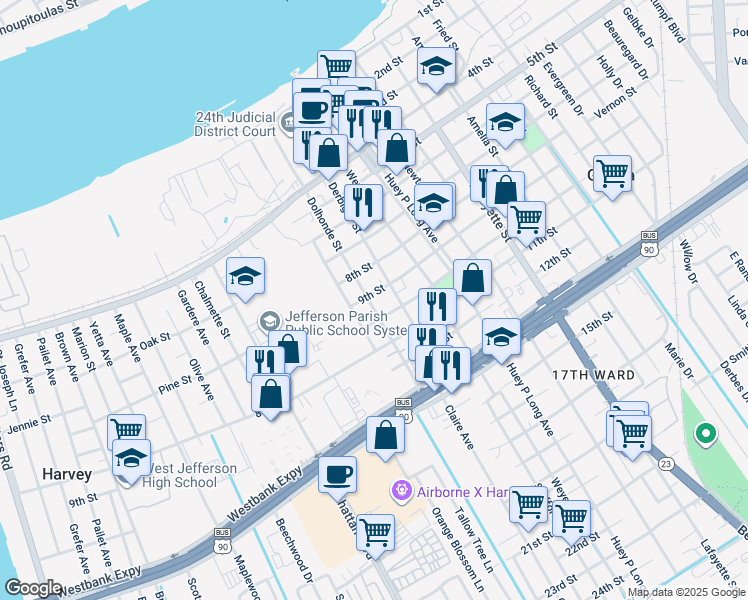 map of restaurants, bars, coffee shops, grocery stores, and more near 1100 9th Street in Gretna