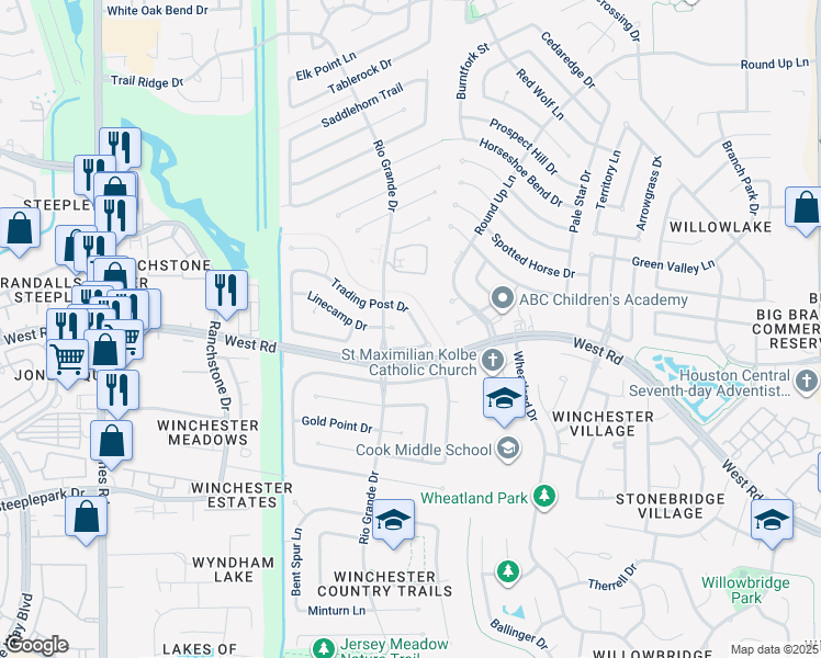 map of restaurants, bars, coffee shops, grocery stores, and more near 10223 Trading Post Drive in Houston