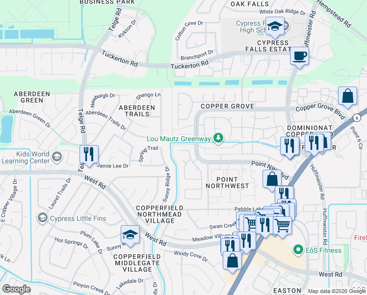 map of restaurants, bars, coffee shops, grocery stores, and more near 15606 Kentwater Court in Houston