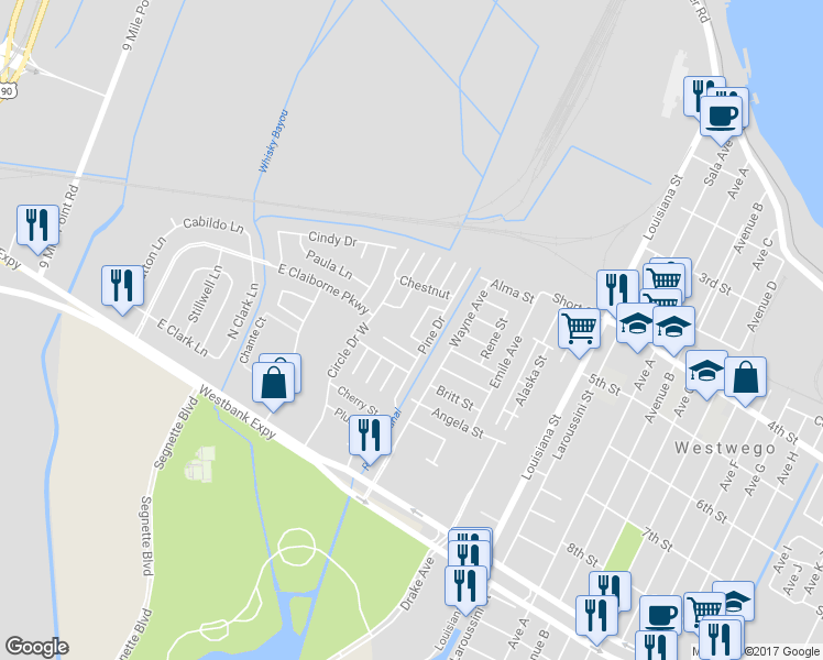 map of restaurants, bars, coffee shops, grocery stores, and more near 130 Sycamore Loop in Westwego