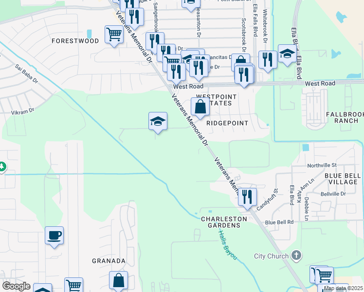 map of restaurants, bars, coffee shops, grocery stores, and more near 9999 Veterans Memorial Drive in Houston