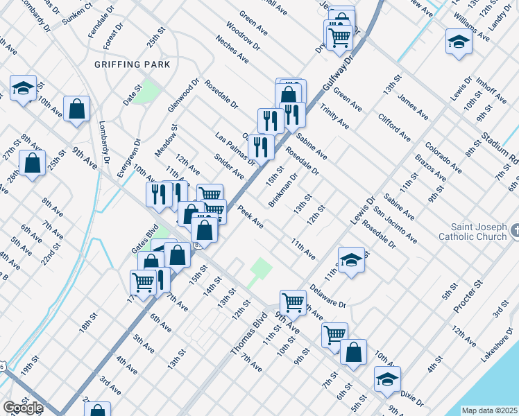 map of restaurants, bars, coffee shops, grocery stores, and more near 1521 Brinkman Drive in Port Arthur