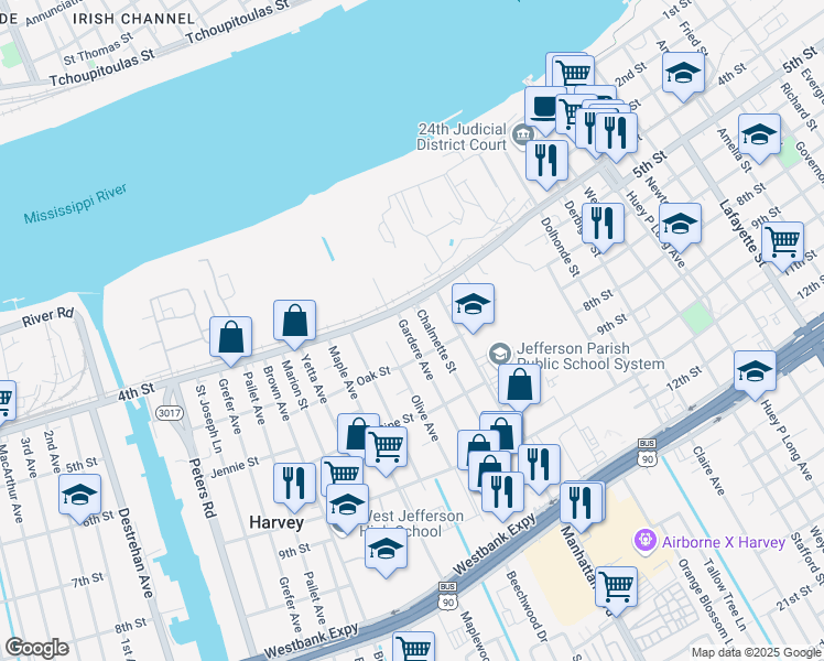map of restaurants, bars, coffee shops, grocery stores, and more near 419 Gardere Avenue in Harvey