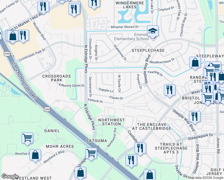 map of restaurants, bars, coffee shops, grocery stores, and more near 12206 Dapple Lane in Houston