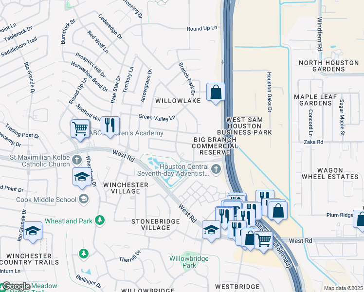 map of restaurants, bars, coffee shops, grocery stores, and more near 9615 Winter Run Drive in Houston
