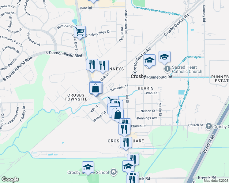 map of restaurants, bars, coffee shops, grocery stores, and more near 302 Kernohan Street in Crosby