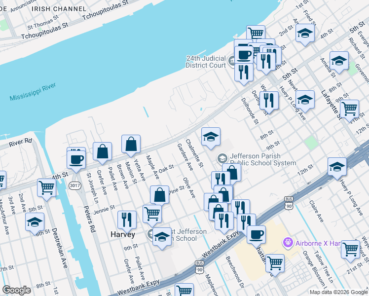 map of restaurants, bars, coffee shops, grocery stores, and more near 419 Gardere Avenue in Harvey
