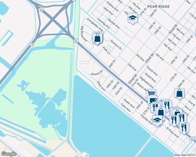map of restaurants, bars, coffee shops, grocery stores, and more near 2701 Bridle Path Drive in Port Arthur