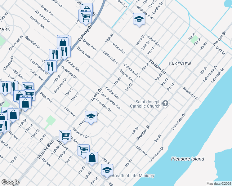 map of restaurants, bars, coffee shops, grocery stores, and more near 940 Sabine Avenue in Port Arthur