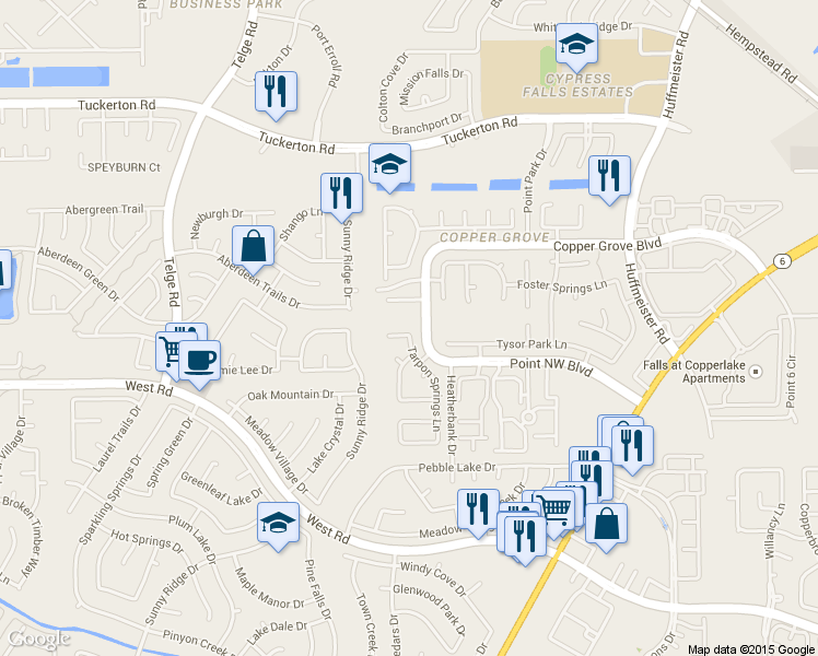 map of restaurants, bars, coffee shops, grocery stores, and more near 15606 Kentwater Court in Houston