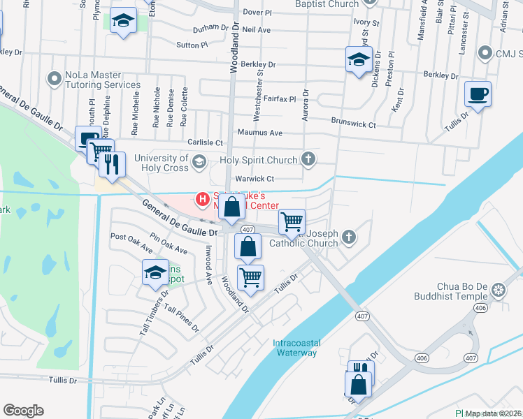 map of restaurants, bars, coffee shops, grocery stores, and more near 4301 Maple Leaf Drive in New Orleans