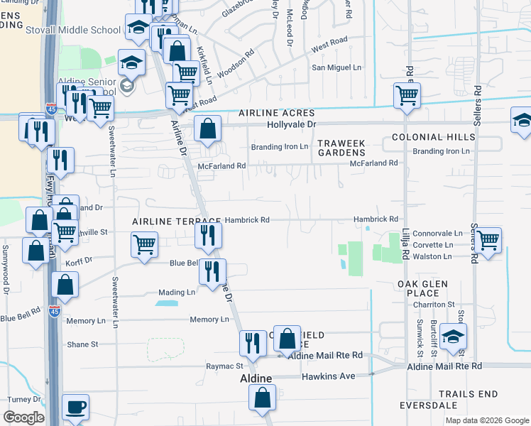 map of restaurants, bars, coffee shops, grocery stores, and more near 135 Hambrick Road in Houston