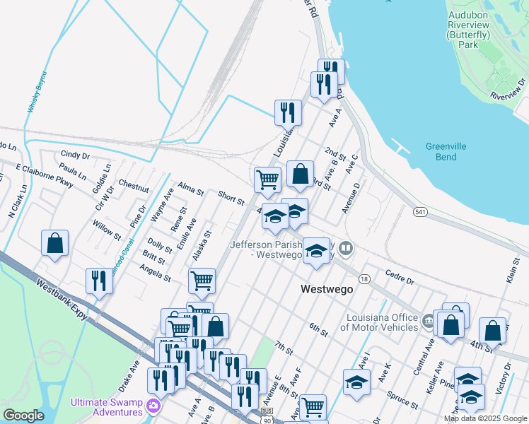map of restaurants, bars, coffee shops, grocery stores, and more near 134 4th Street in Westwego