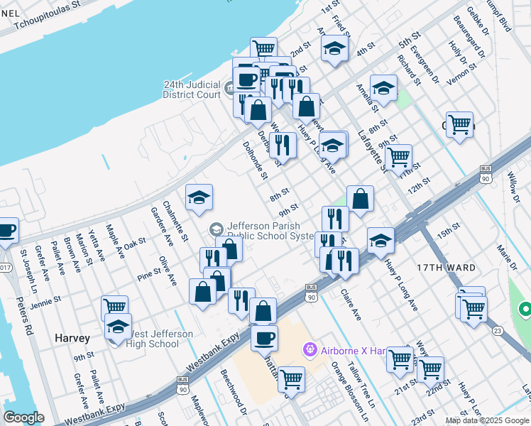 map of restaurants, bars, coffee shops, grocery stores, and more near 814 Gulf Drive in Gretna