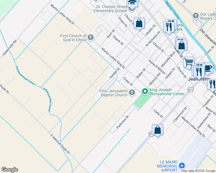 map of restaurants, bars, coffee shops, grocery stores, and more near 819 Morris Charles Street in Jeanerette