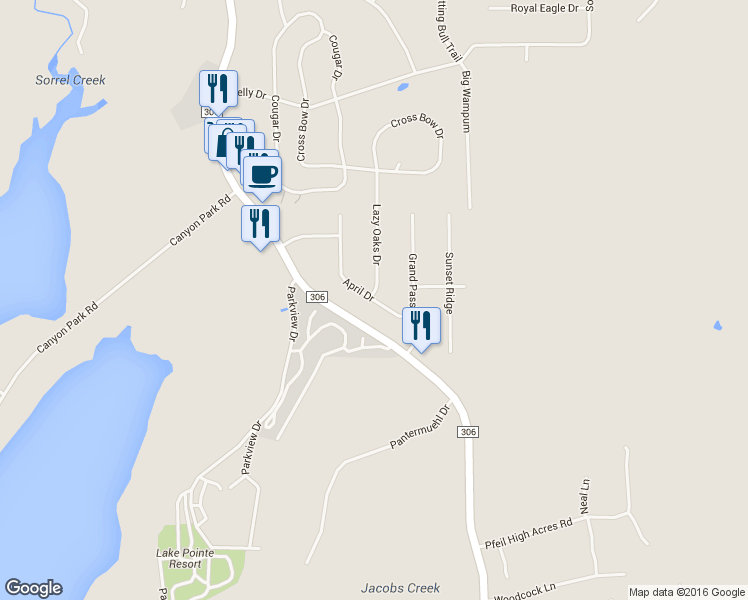 map of restaurants, bars, coffee shops, grocery stores, and more near 392 April Drive in Canyon Lake