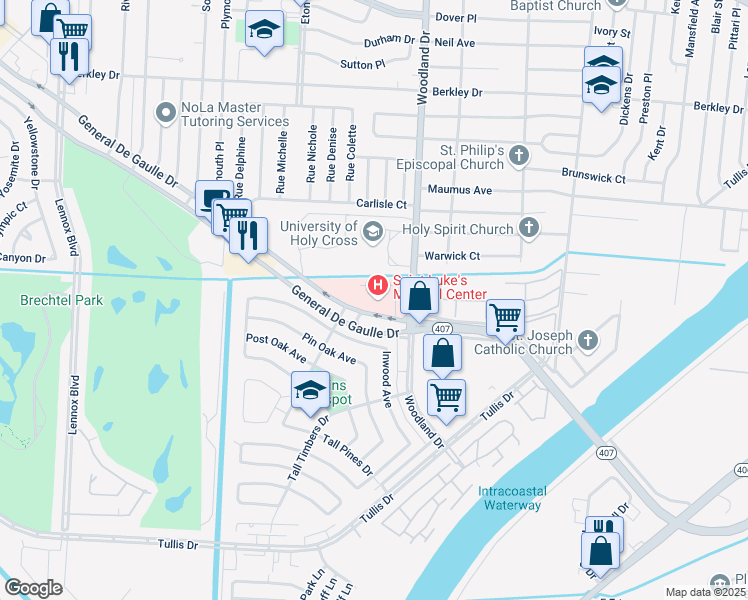 map of restaurants, bars, coffee shops, grocery stores, and more near 5650-5688 General De Gaulle Drive in New Orleans
