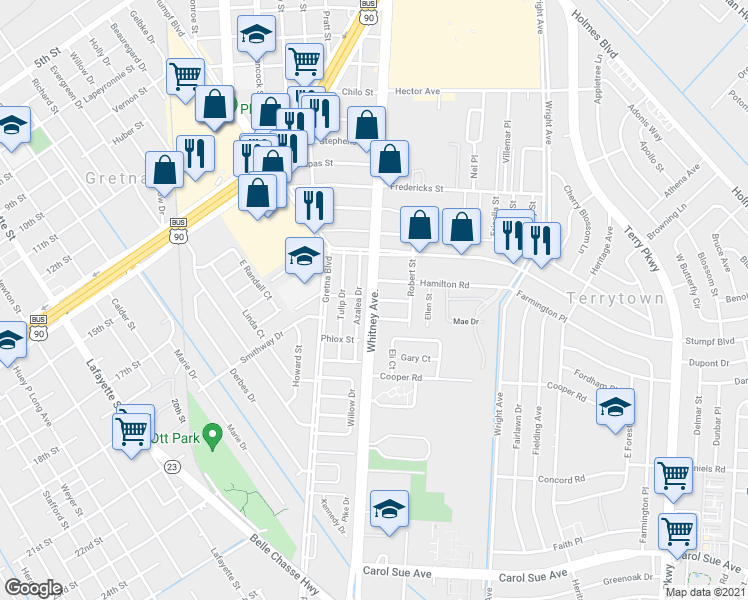 map of restaurants, bars, coffee shops, grocery stores, and more near 100 Landry Street in Terrytown