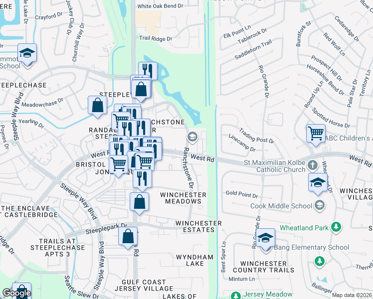map of restaurants, bars, coffee shops, grocery stores, and more near 10908 Ranchstone Drive in Houston