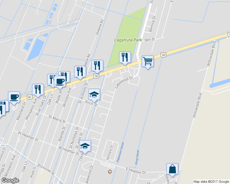 map of restaurants, bars, coffee shops, grocery stores, and more near 131A Lakewood Drive in Luling