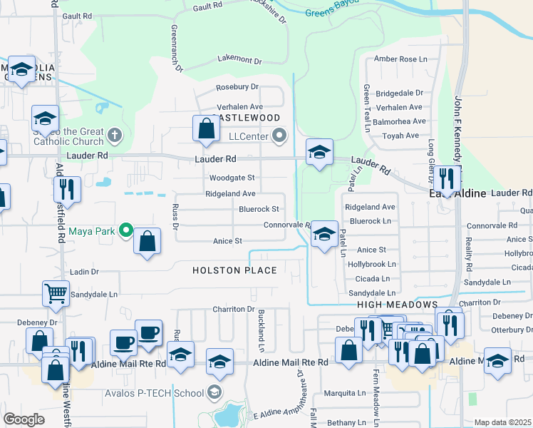 map of restaurants, bars, coffee shops, grocery stores, and more near 2806 Bluerock Street in Houston