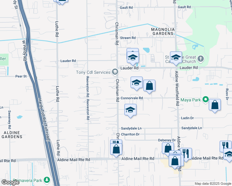 map of restaurants, bars, coffee shops, grocery stores, and more near 13527 Chrisman Road in Houston