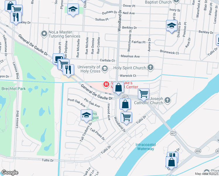 map of restaurants, bars, coffee shops, grocery stores, and more near 4201 Woodland Drive in New Orleans