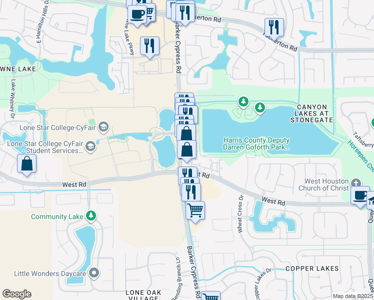 map of restaurants, bars, coffee shops, grocery stores, and more near 9110 Barker Cypress Road in Cypress